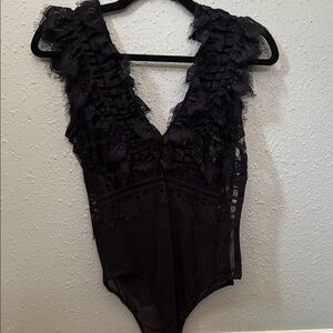 Chic Black Lace Ruffle Bodysuit